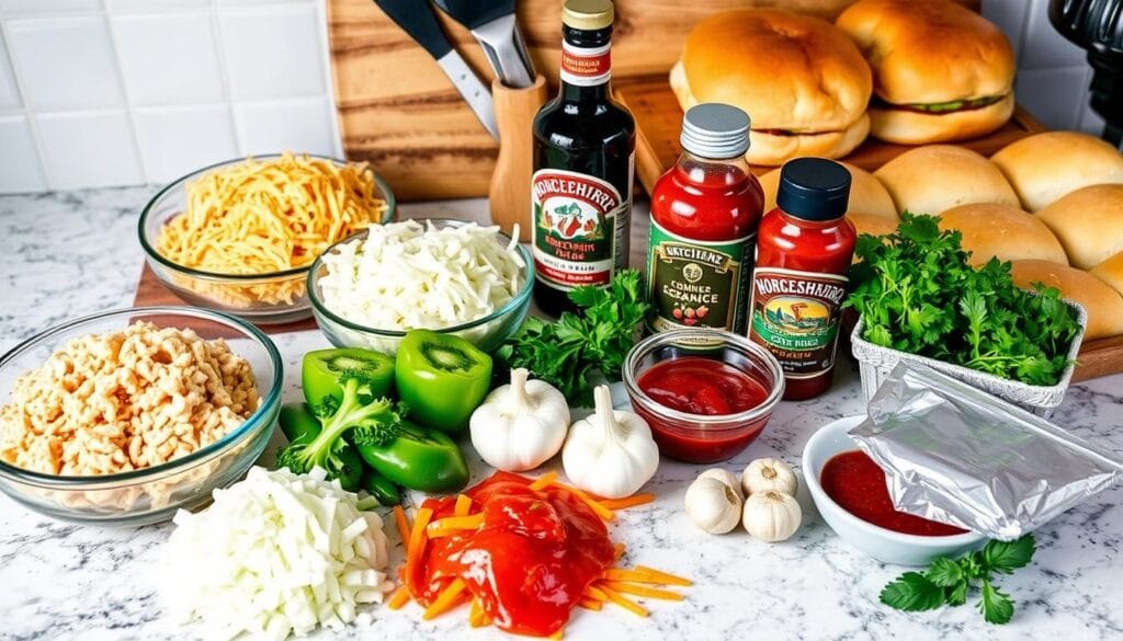 Cheesy Chicken Sloppy Joe Ingredients A close-up of cheesy chicken sloppy joe sandwiches with melted cheese oozing over ground chicken, served on toasted buns with a garnish of parsley.