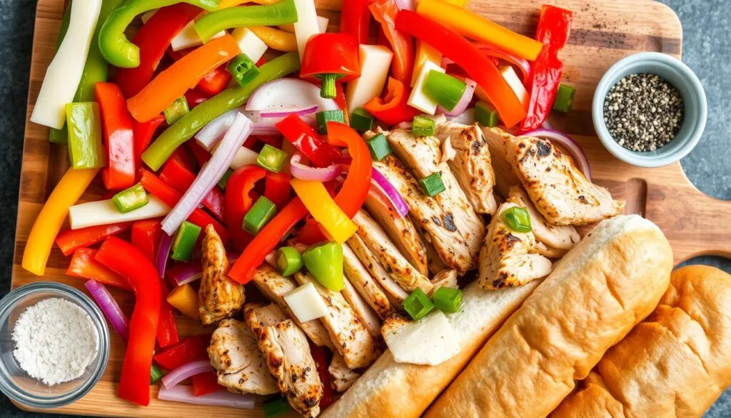 Chicken Philly Cheesesteak Ingredients Chicken Philly Cheesesteak with sautéed peppers and onions on a toasted hoagie roll.