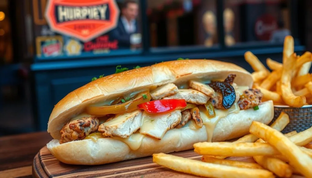 Chicken Philly Cheesesteak Sandwich Chicken Philly Cheesesteak with sautéed peppers and onions on a toasted hoagie roll.
