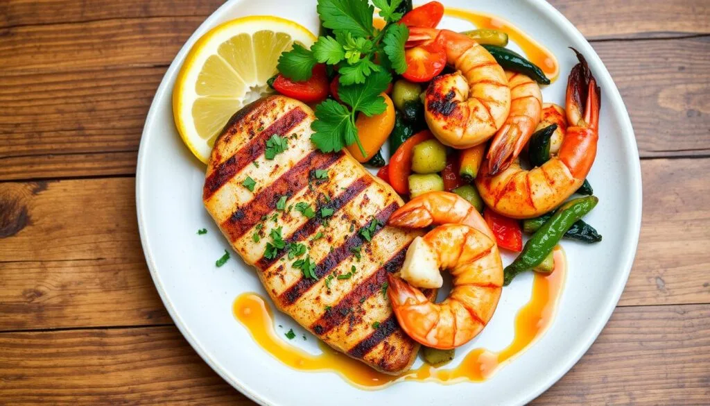 Chicken and Shrimp Protein Pairing A delicious chicken and shrimp stir-fry with vibrant vegetables served on a white plate.