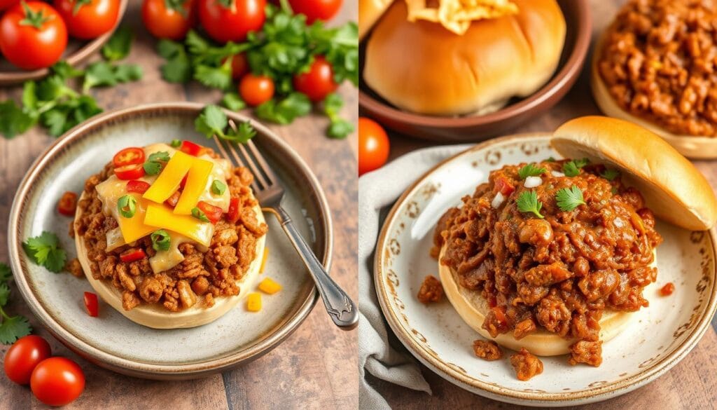 Ground Chicken Sloppy Joes Comparison A close-up of cheesy chicken sloppy joe sandwiches with melted cheese oozing over ground chicken, served on toasted buns with a garnish of parsley.