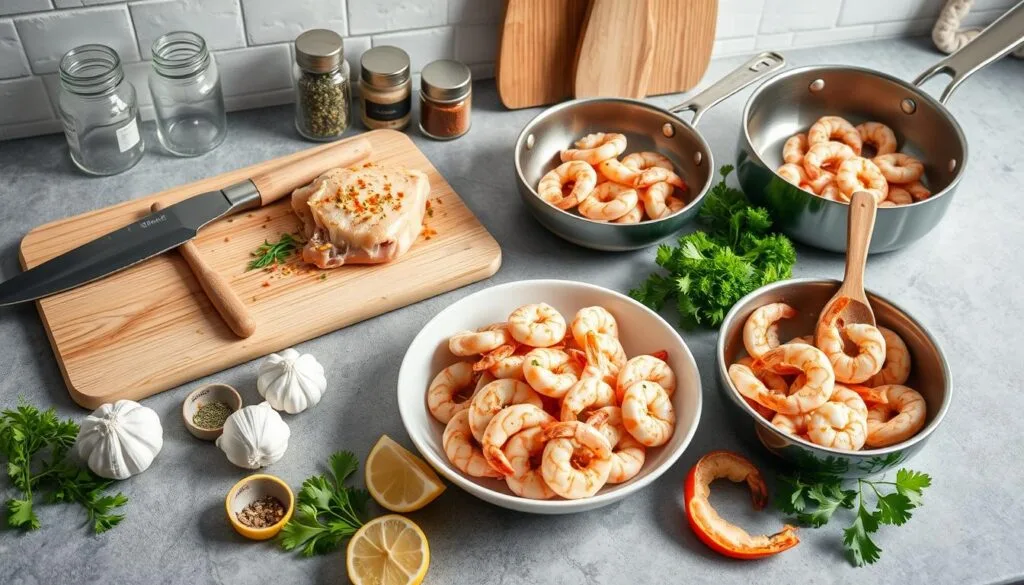 Kitchen Tools for Chicken and Shrimp Cooking A delicious chicken and shrimp stir-fry with vibrant vegetables served on a white plate.