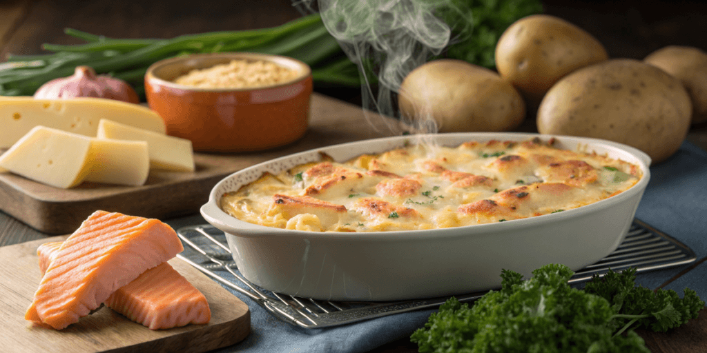 Casserole That Pairs Well With Salmon Fillets 2 close up of a cheesy potato and salmon casserole Casserole That Pairs Well With Salmon Fillets