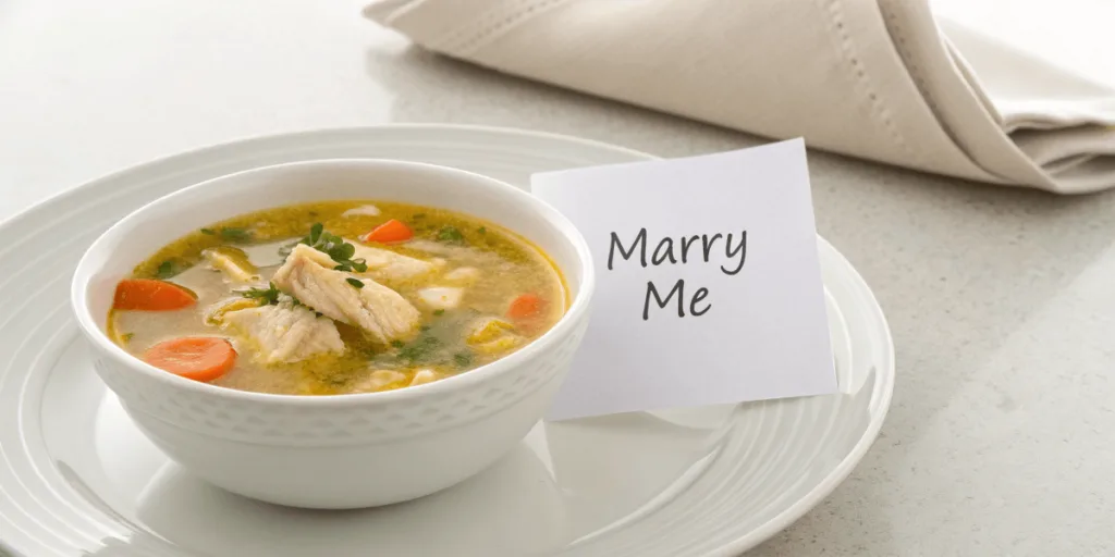 Marry Me Chicken Soup A bowl of creamy Marry Me Chicken Soup garnished with parsley and sun-dried tomatoes, served alongside crusty bread.