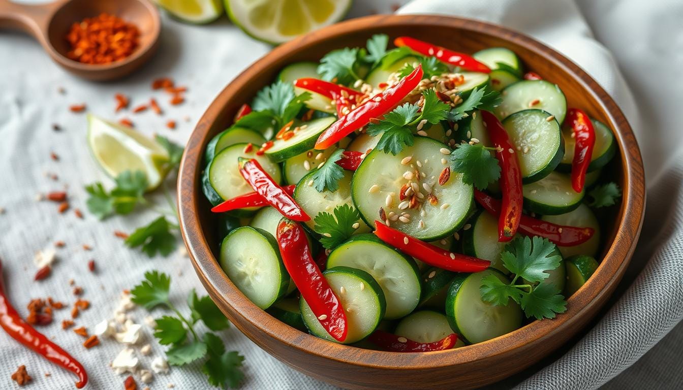 A vibrant bowl of spicy cucumber salad garnished with sesame seeds, green onions, and a drizzle of chili oil, served on a rustic wooden table.