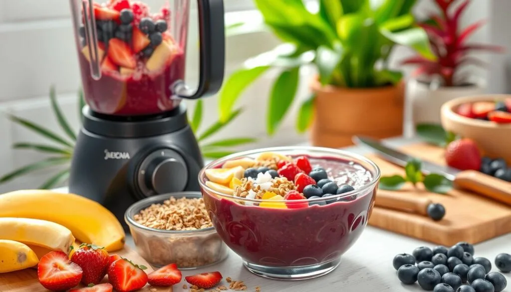 Acai Bowl Ingredients Preparation A vibrant acai bowl tropical smoothie topped with fresh mango, kiwi, pineapple, coconut flakes, and chia seeds.