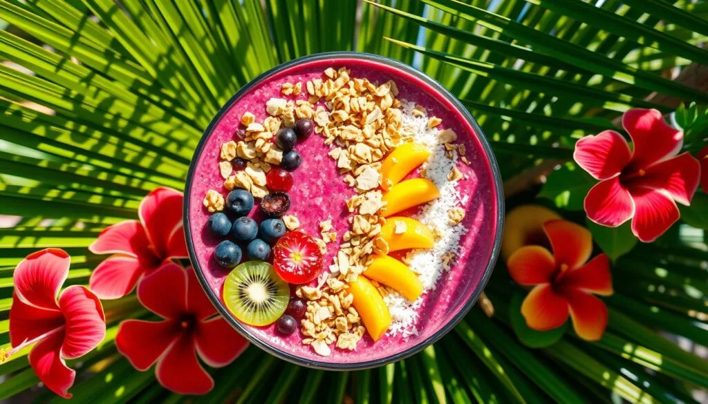 Acai Smoothie Bowl Revolution A vibrant acai bowl tropical smoothie topped with fresh mango, kiwi, pineapple, coconut flakes, and chia seeds.