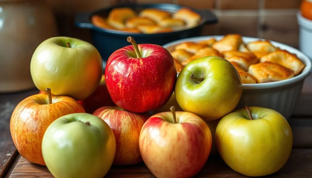 Apple Varieties for Chicken Pot Pie A colorful platter of fresh fruits including citrus slices, apple wedges, berries, and grapes served alongside a golden chicken pot pie.