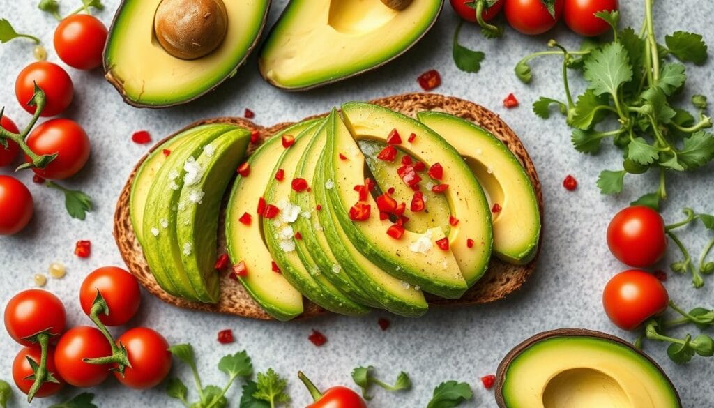 Avocado Toast Nutritional Breakdown A slice of avocado toast on whole grain bread with cherry tomatoes and chia seeds, highlighting its calorie content.