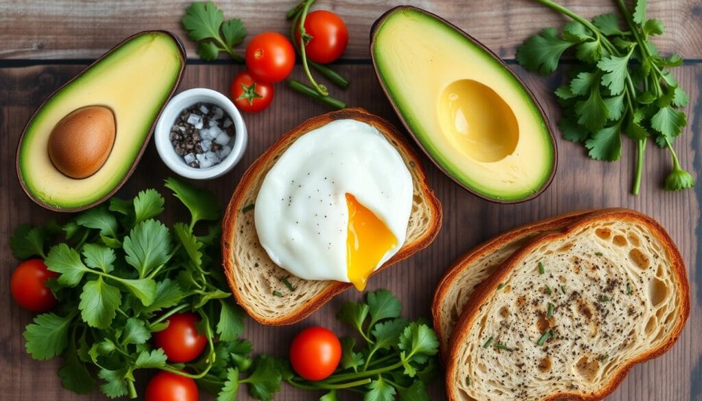 Avocado Toast and Egg Ingredients Avocado toast with a perfectly cooked egg on top, garnished with fresh herbs and seasoning.