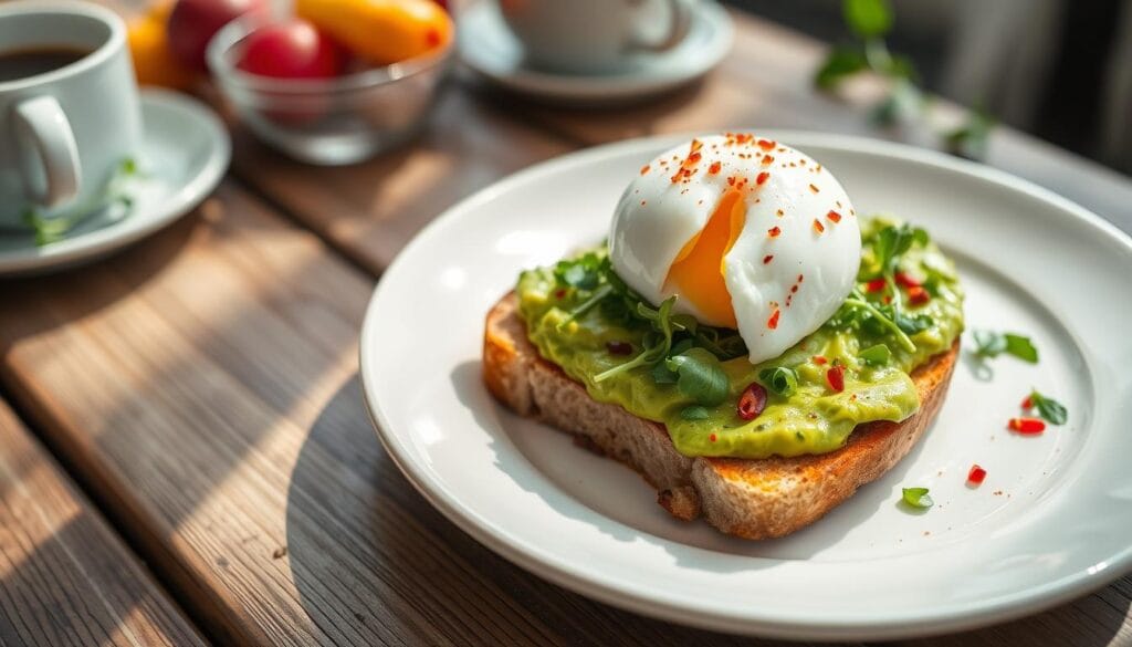 Avocado Toast with Egg Breakfast Avocado toast with a perfectly cooked egg on top, garnished with fresh herbs and seasoning.
