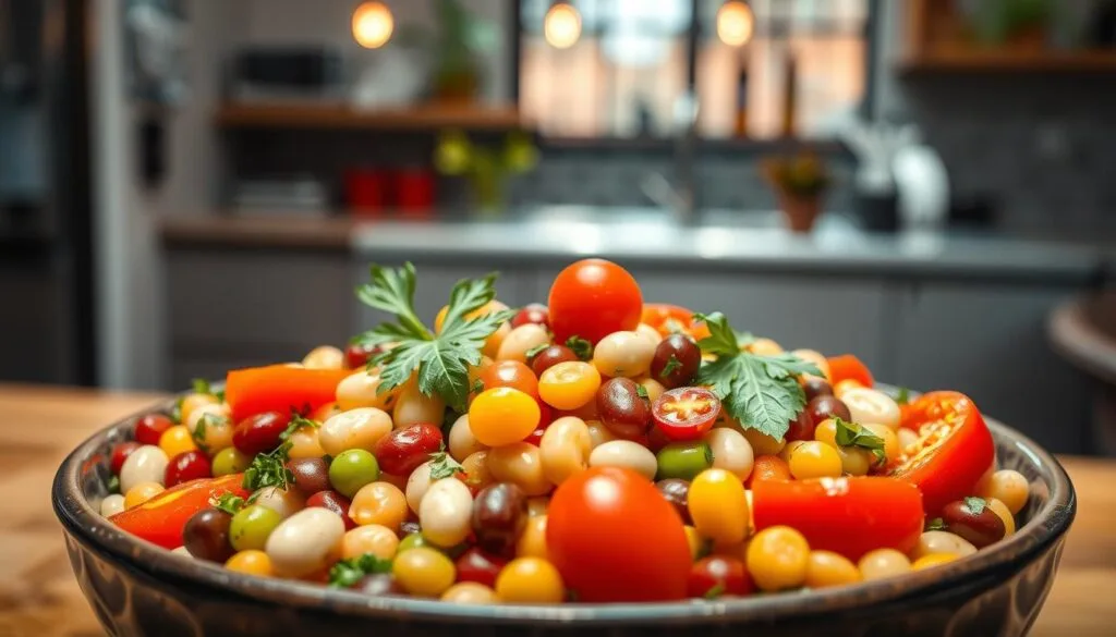 Bean Salad Social Media Trend A colorful bowl of bean salad featuring kidney beans, chickpeas, green beans, and fresh vegetables, garnished with herbs.