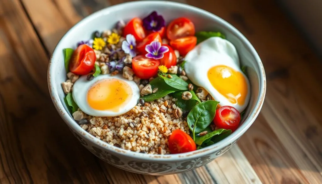 Brunch Bowl Nutrition Assorted brunch bowls with colorful ingredients including eggs, avocado, grains, and fresh fruits on a wooden table.