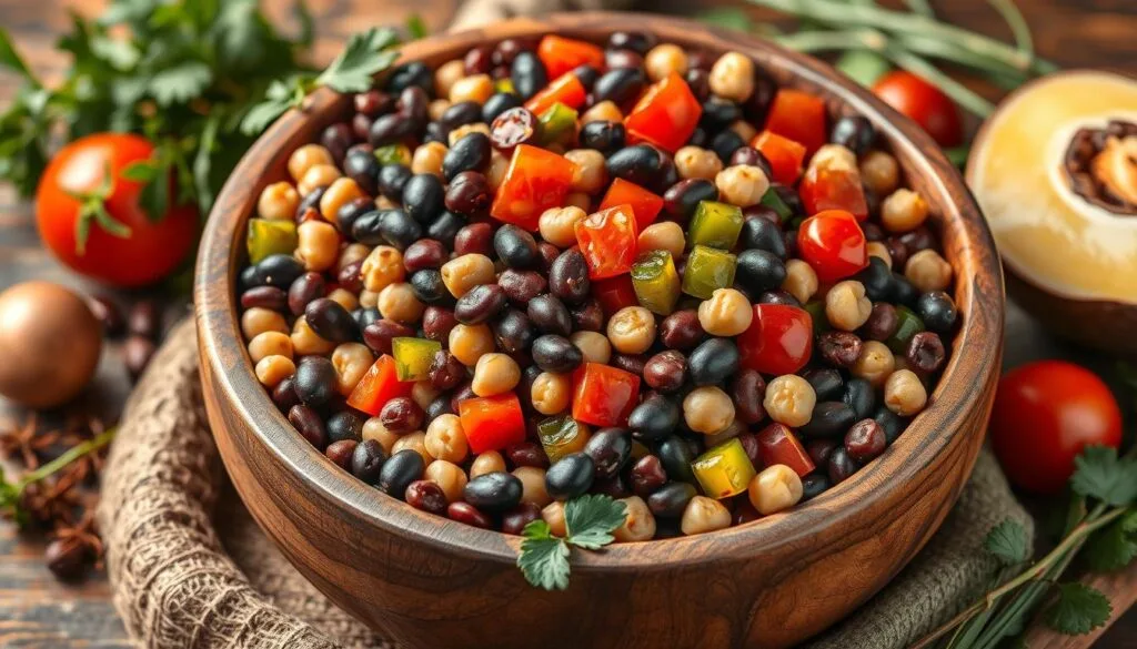 Dense Bean Salad Naming Origins A colorful dense bean salad with a mix of kidney beans, chickpeas, black beans, fresh vegetables, and herbs, served in a rustic bowl.