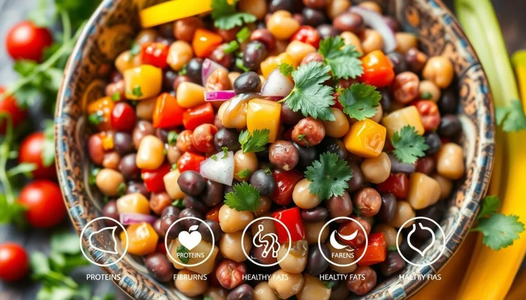 Dense Bean Salad Nutrition Breakdown A colorful dense bean salad with a mix of kidney beans, chickpeas, black beans, fresh vegetables, and herbs, served in a rustic bowl.