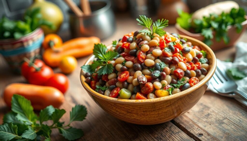 Dense Bean Salad Social Media Trend A colorful Violet Witchel Dense Bean Salad featuring a mix of beans, fresh vegetables, and herbs, garnished with a light vinaigrette.