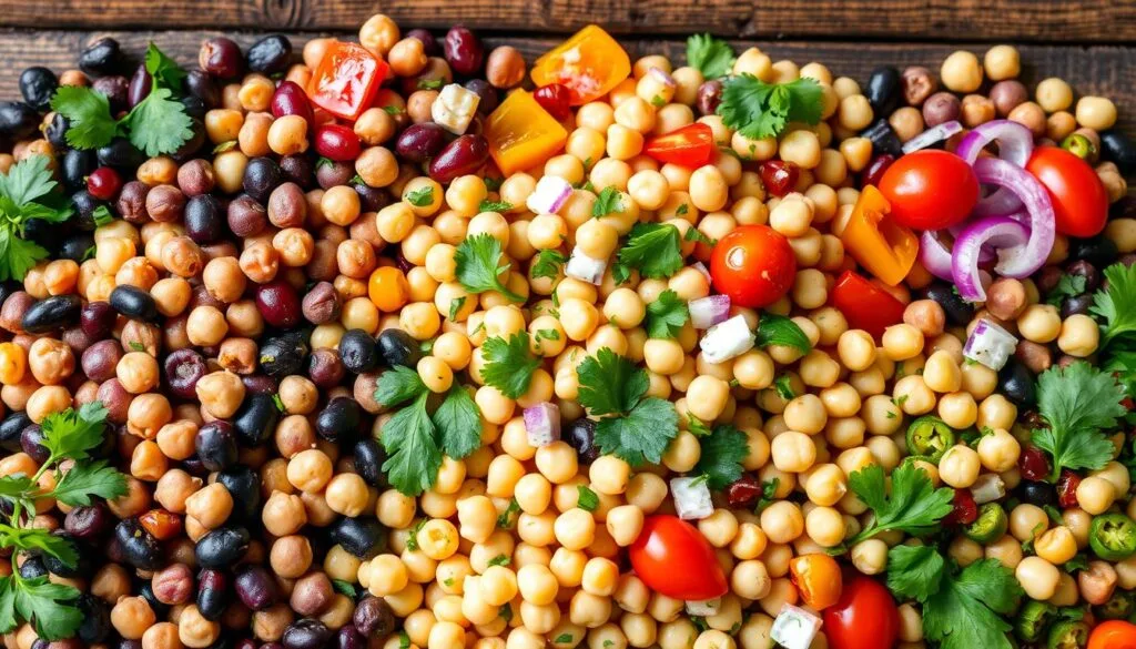 Dense Bean Salad Varieties A colorful bowl of bean salad featuring kidney beans, chickpeas, green beans, and fresh vegetables, garnished with herbs.