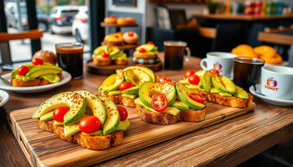 Dunkin Donuts Avocado Toast Trend A close-up of Dunkin Donuts avocado toast with creamy avocado spread on toasted sourdough bread, sprinkled with everything bagel seasoning.