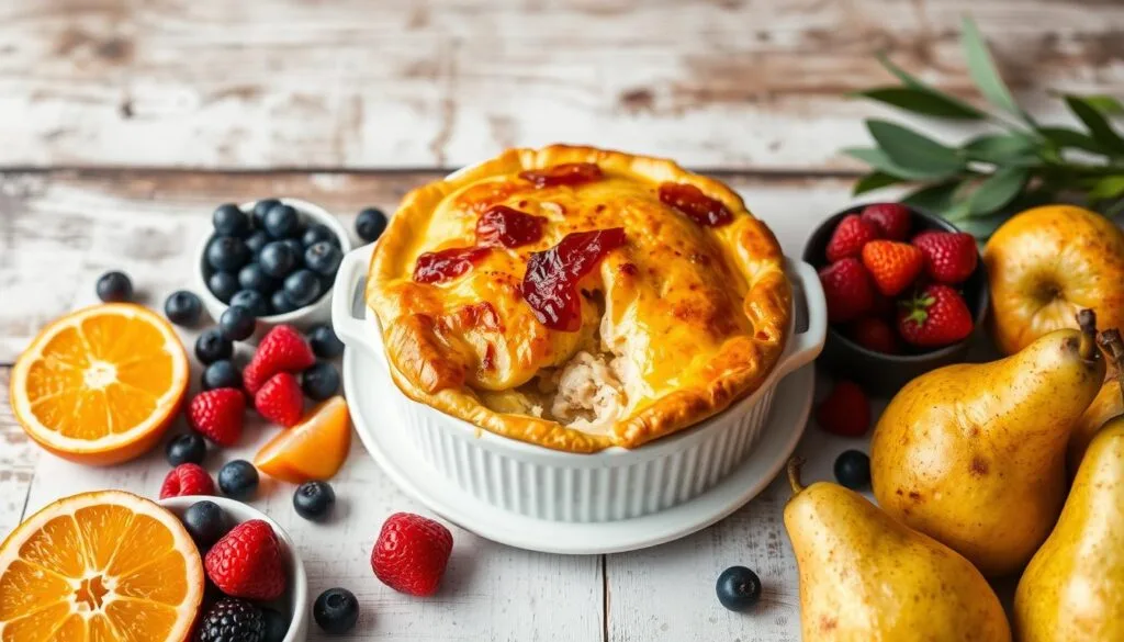 Fruit Pairing with Savory Dishes A colorful platter of fresh fruits including citrus slices, apple wedges, berries, and grapes served alongside a golden chicken pot pie.