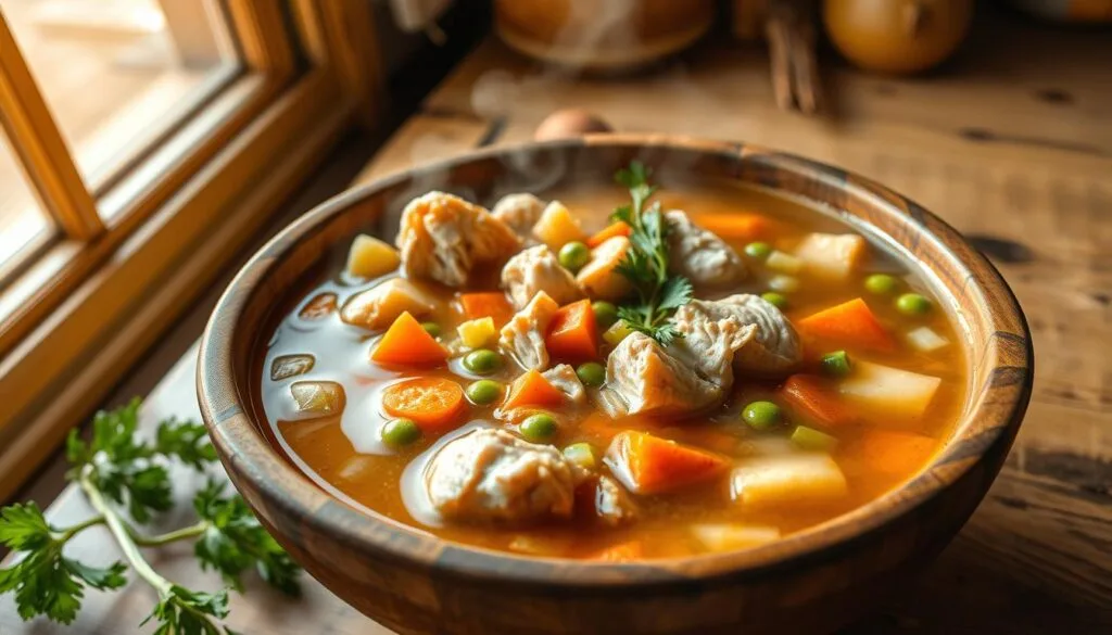 Healthy Chicken Vegetable Soup A bowl of delicious chicken vegetable soup filled with colorful vegetables, tender chicken, and fresh herbs, perfect for a quick and healthy meal.