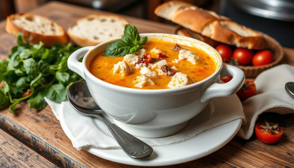 Italian Chicken Soup Comfort Dish A bowl of creamy Tuscan chicken soup garnished with fresh spinach and sun-dried tomatoes, served with a slice of crusty bread.
