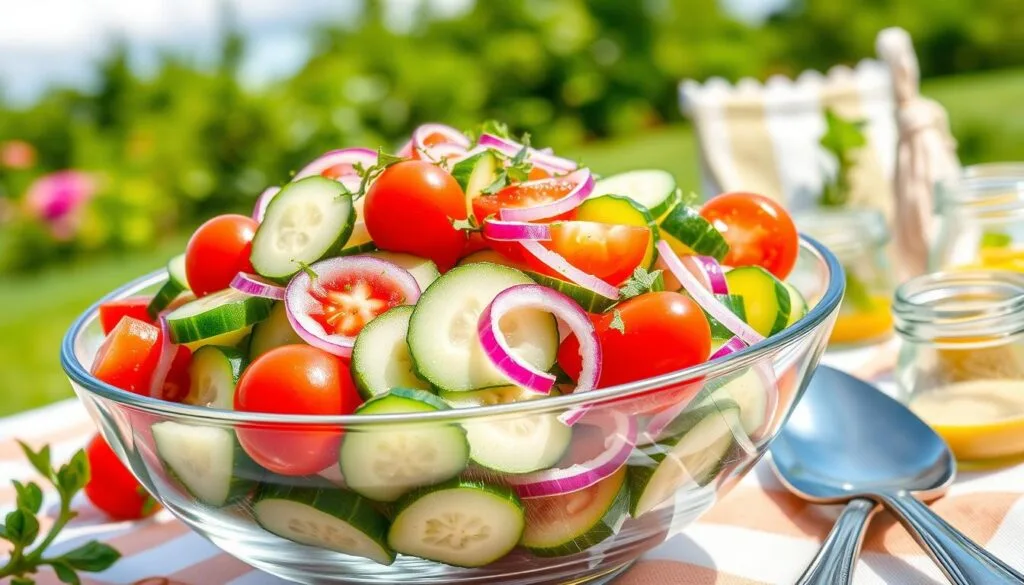 Logan's Cucumber Salad TikTok Viral Video A vibrant bowl of Logan's cucumber salad, garnished with fresh dill, red onions, and a light drizzle of olive oil, perfect for summer.