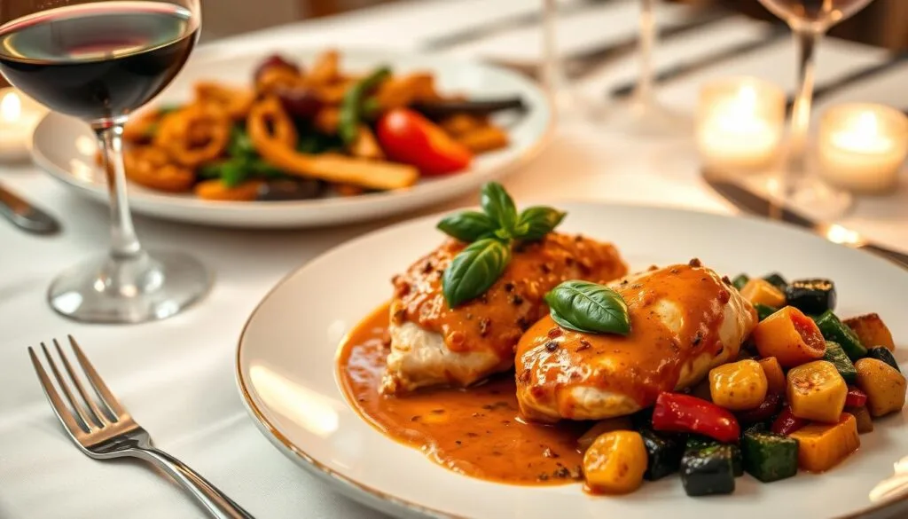 Marry Me Chicken Romantic Dish A plate of Marry Me Chicken featuring tender chicken breasts in a creamy sun-dried tomato and Parmesan sauce, garnished with fresh basil.