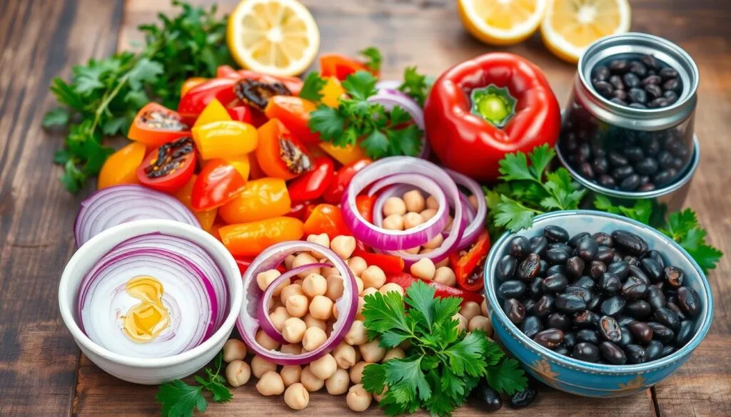 Mediterranean Bean Salad Ingredients A bowl of sun dried tomato dense bean salad with colorful beans, sun-dried tomatoes, fresh herbs, and a drizzle of vinaigrette.
