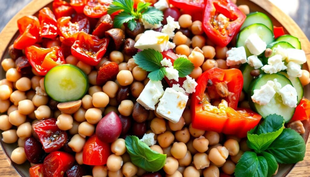 Mediterranean Inspired Dense Bean Salad Ingredients A vibrant sun-dried tomato dense bean salad with mixed beans, sun-dried tomatoes, fresh herbs, and a drizzle of vinaigrette.