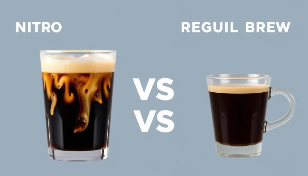 Nitro Cold Brew Differences This image captures the essence of nitro cold brew coffee, highlighting its creamy frothy layer and the mesmerizing cascade of nitrogen bubbles. Perfectly set on a rustic wooden table, it embodies the rich flavor and innovative brewing techniques of this popular coffee trend.