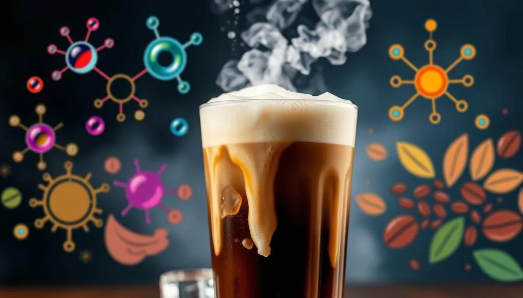Nitrogen Infused Coffee Science This image captures the essence of nitro cold brew coffee, highlighting its creamy frothy layer and the mesmerizing cascade of nitrogen bubbles. Perfectly set on a rustic wooden table, it embodies the rich flavor and innovative brewing techniques of this popular coffee trend.