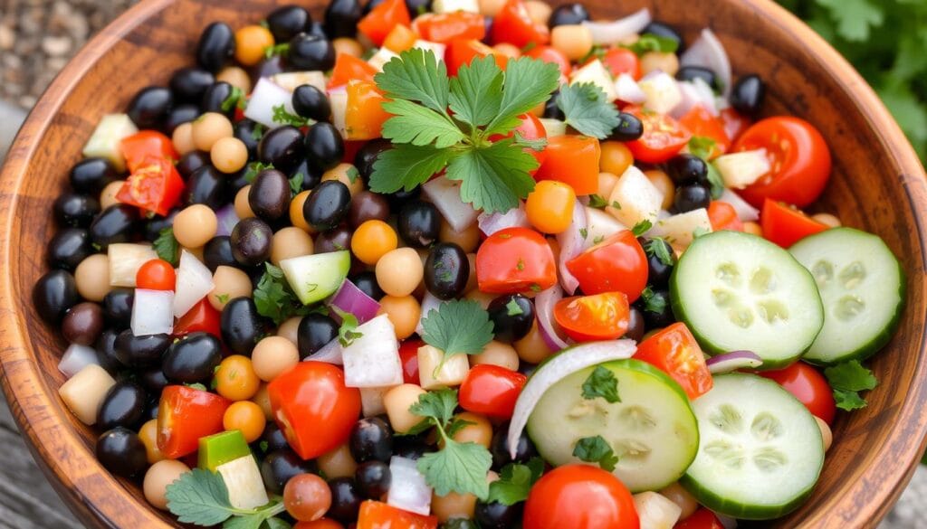 Nutritious Bean Salad Ingredients A vibrant bowl of dense bean salad with colorful beans, fresh vegetables, and herbs, showcasing a healthy and nutritious meal option.