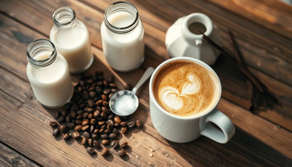Oat Milk Latte Ingredients A steaming oat milk latte served in a ceramic cup with latte art, placed on a wooden table surrounded by coffee beans and oat stalks.