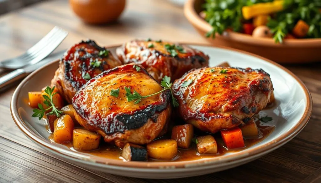 Pan Seared Chicken Thighs Dark Meat Juicy pan-seared chicken thighs garnished with fresh herbs in a cast-iron skillet, showcasing crispy skin and golden-brown perfection.