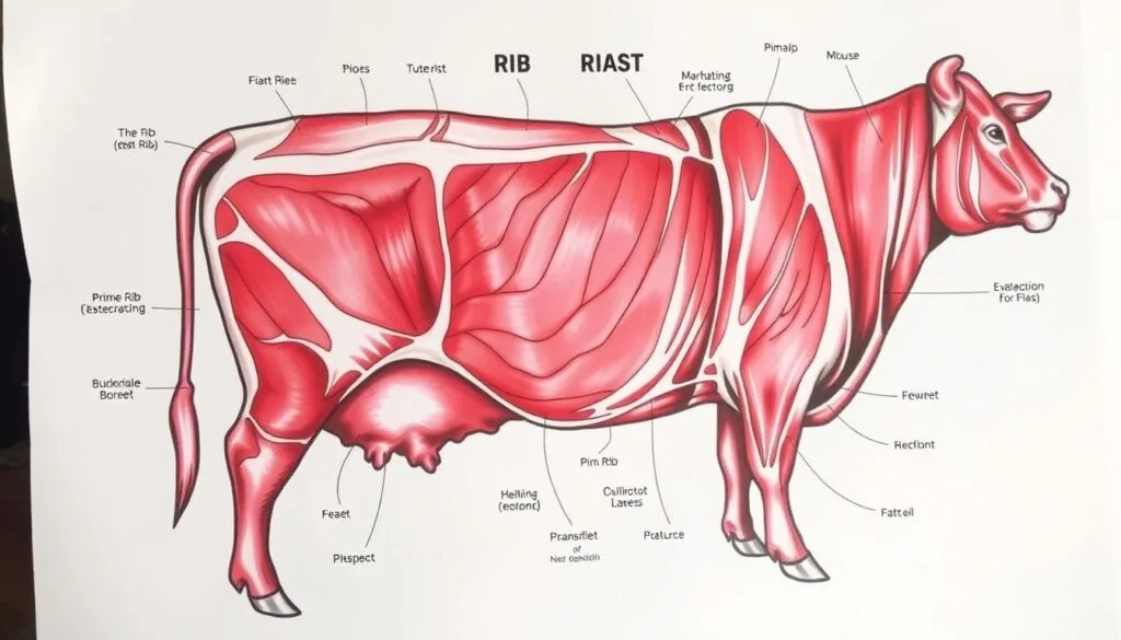 Premium Beef Cuts Diagram Close-up of a cooked rib roast and a prime rib side by side, showcasing their texture and marbling differences.
