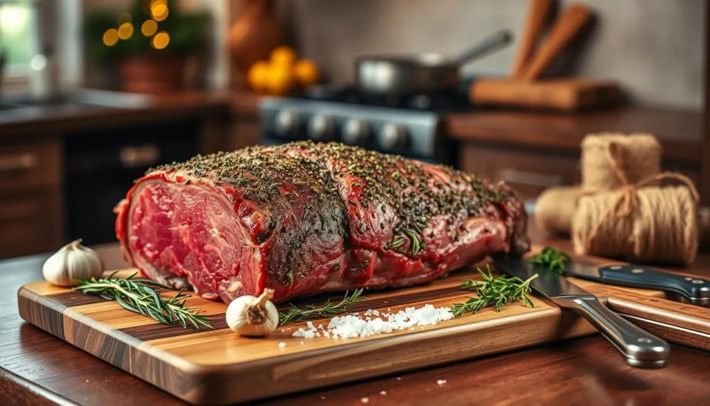 Prime Rib Roast Preparation A perfectly roasted 5 lb prime rib on a wooden cutting board, sliced to show the juicy interior, garnished with herbs.