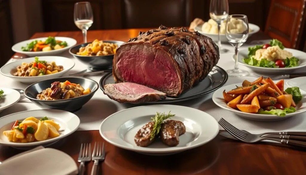 Prime Rib Serving Size Guide A perfectly roasted 5 lb prime rib on a wooden cutting board, sliced to show the juicy interior, garnished with herbs.