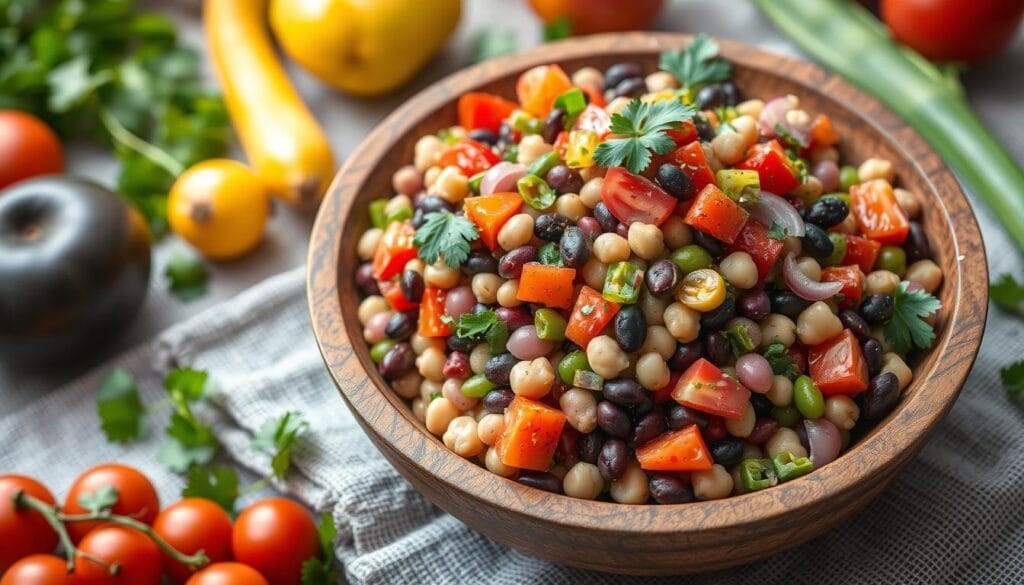 Protein-Packed Bean Salad A colorful dense bean salad with chickpeas, kidney beans, diced vegetables, and fresh herbs in a rustic bowl.