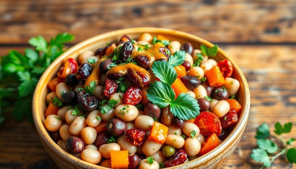 Protein-Packed Bean Salad Nutrition A vibrant sun-dried tomato dense bean salad with mixed beans, sun-dried tomatoes, fresh herbs, and a drizzle of vinaigrette.