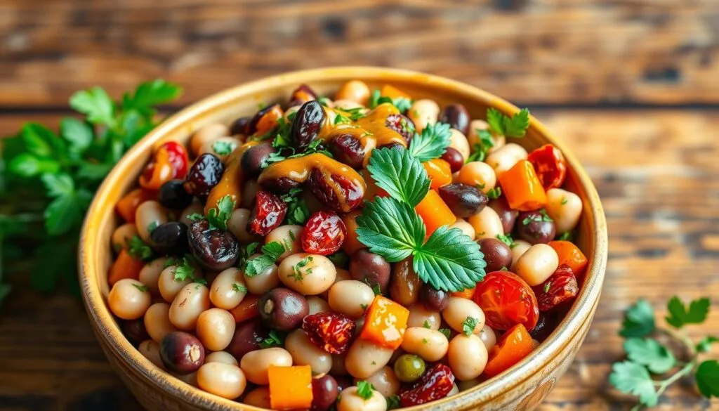 Protein-Packed Bean Salad Nutrition A vibrant sun-dried tomato dense bean salad with mixed beans, sun-dried tomatoes, fresh herbs, and a drizzle of vinaigrette.
