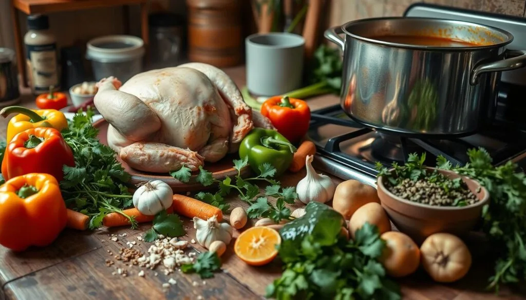 Puerto Rican Chicken Soup Traditional Preparation A steaming bowl of authentic Puerto Rican chicken soup garnished with fresh cilantro, featuring tender chicken, vibrant vegetables, and a rich broth