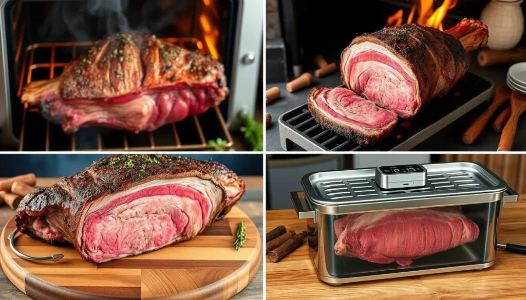 Rib Roast Cooking Methods Close-up of a cooked rib roast and a prime rib side by side, showcasing their texture and marbling differences.
