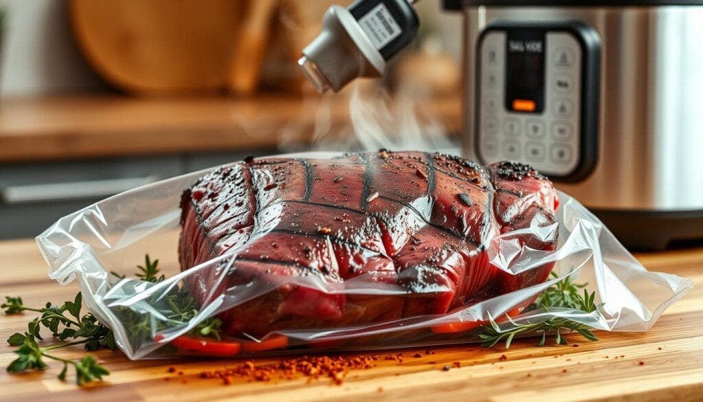 Sous Vide Ribeye Roast Cooking Method Tender and juicy sous vide rib eye roast sliced to reveal a perfectly cooked, medium-rare interior, garnished with herbs.