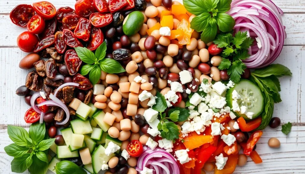 Sun Dried Tomato Bean Salad Ingredients A bowl of sun dried tomato dense bean salad with colorful beans, sun-dried tomatoes, fresh herbs, and a drizzle of vinaigrette.
