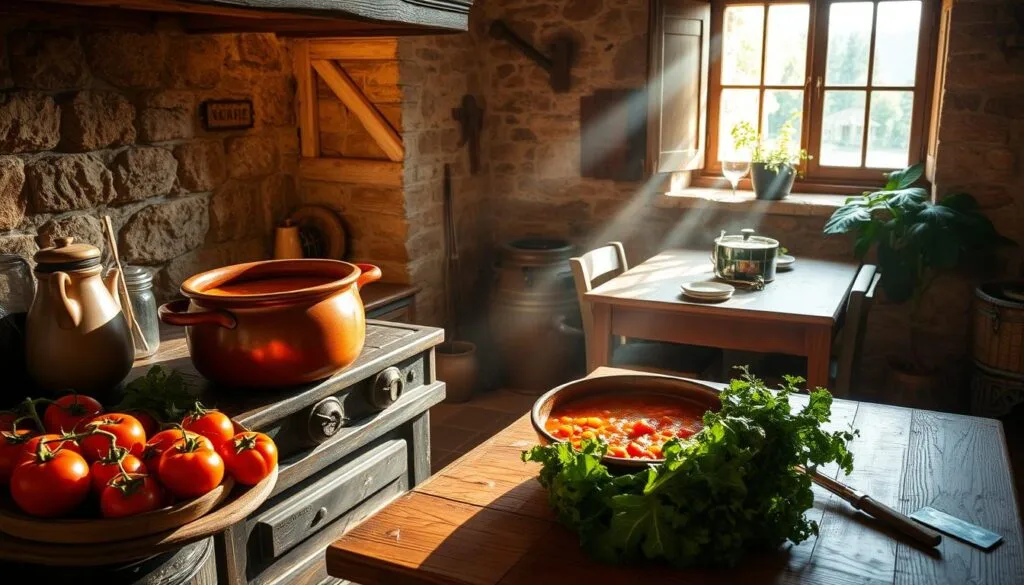 Traditional Tuscan Soup Origins A bowl of creamy Marry Me Tuscan Soup garnished with fresh kale, sun-dried tomatoes, and Parmesan cheese on a rustic wooden table.