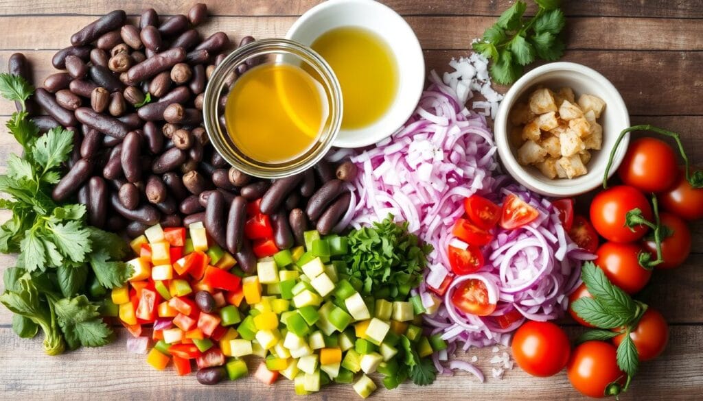 Violet Witchel Dense Bean Salad Ingredients A colorful Violet Witchel Dense Bean Salad featuring a mix of beans, fresh vegetables, and herbs, garnished with a light vinaigrette.