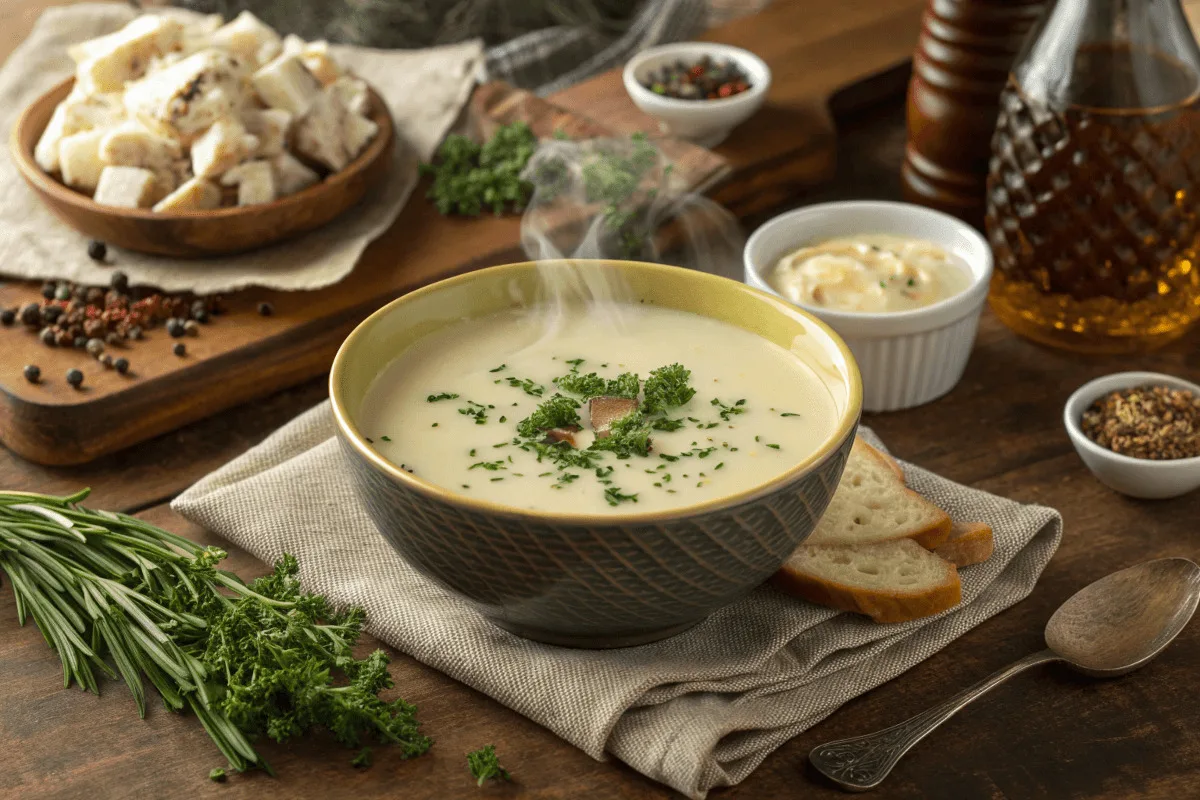 Easy Homemade Cream of Chicken Soup Substitute A bowl of homemade cream of chicken soup substitute, garnished with fresh herbs, placed on a rustic wooden table with ingredients like chicken broth, milk, and seasonings nearby.