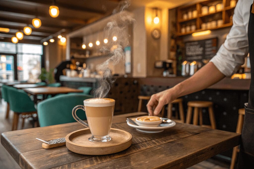 Oat Milk Latte Benefits A steaming oat milk latte served in a ceramic cup with latte art, placed on a wooden table surrounded by coffee beans and oat stalks.