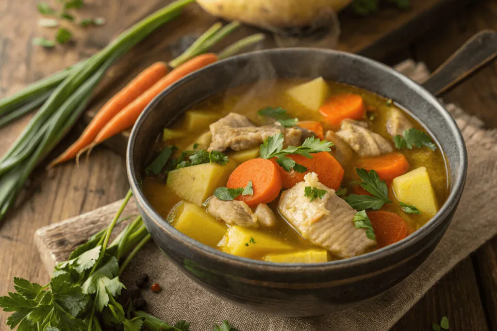 Caribbean Chicken Soup Tradition A bowl of delicious Jamaican chicken soup with vibrant vegetables and herbs, showcasing easy preparation steps and authentic flavors.