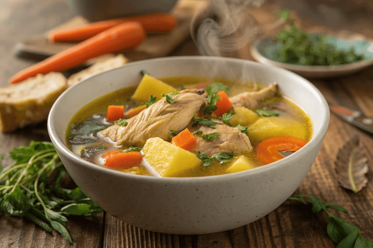 A bowl of delicious Jamaican chicken soup with vibrant vegetables and herbs, showcasing easy preparation steps and authentic flavors.